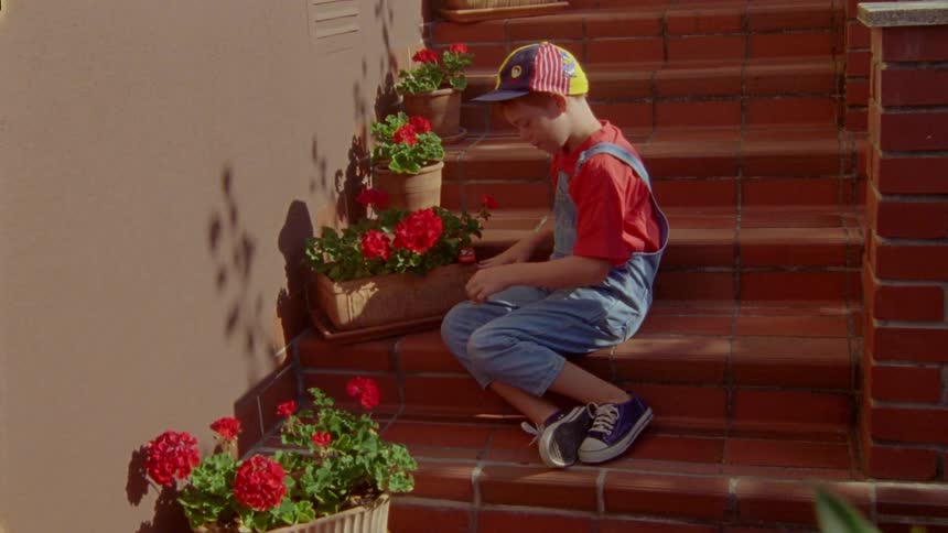 A boy in a cap and overalls sitting on a ladder playing with flowers that are in a vase