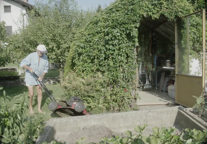 An elderly man moves a lawnmower out of a shed in a backyard