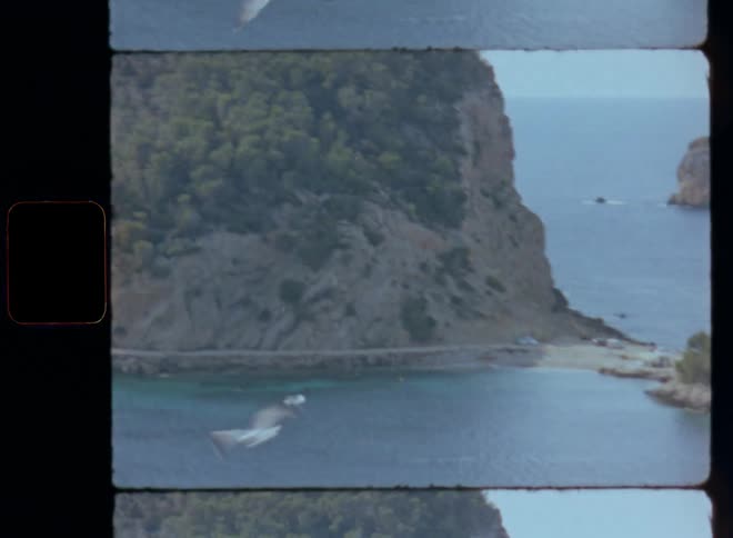 Stunning view from a high cliff of white birds or seagulls flying in the sky with coastal mountains and island in the sea and the horizon in the back ground during a sunny springtime or summertime day on vintage 8mm film footage