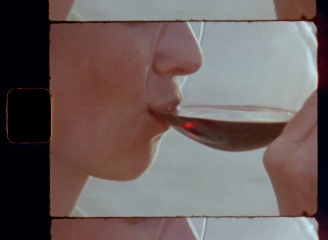 Woman sipping or drinking glass of red wine with closed eyes smiles when she tastes the delicious intense flavor of the alcoholic beverage drink enjoying her passion for gustatory impressions and delicate sense of taste at the beach by the sea or ocean
