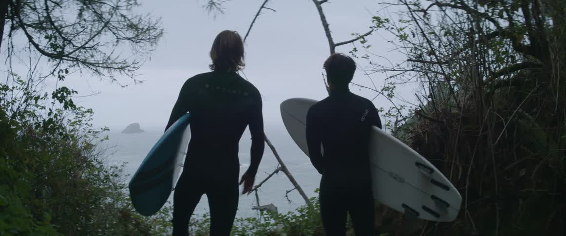 Two men are holding surfboards while pointing out at the ocean