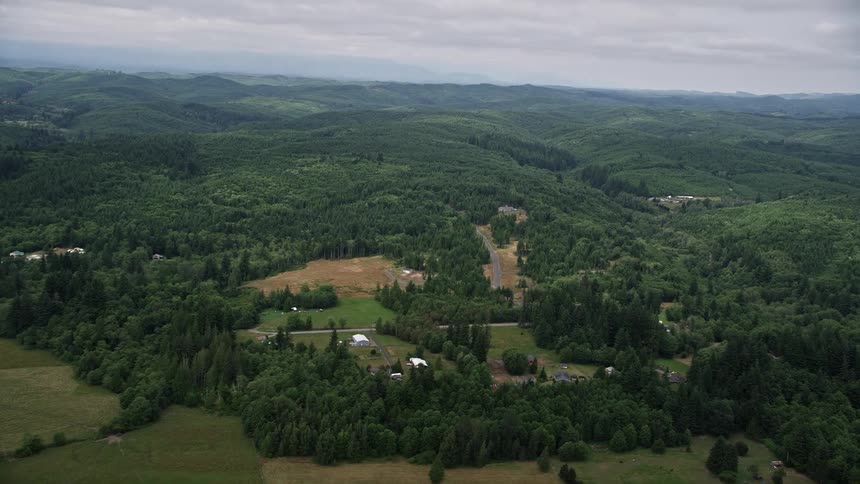 An aerial view of farm fields rural houses and a forest in Satsop Washington with a rustic and countrified atmosphere during the summer