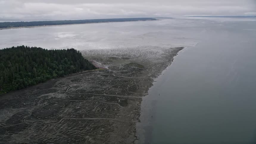 Aerial footage of marshy island shore on Long Island Washington with overcast skies and a view from the side during the daytime