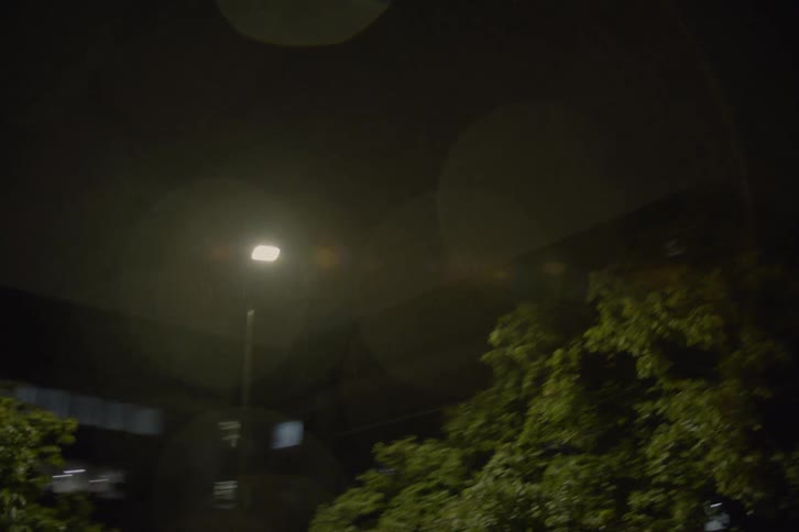 The nighttime panorama presents the city illuminated by streetlights with trees lining the roadsides