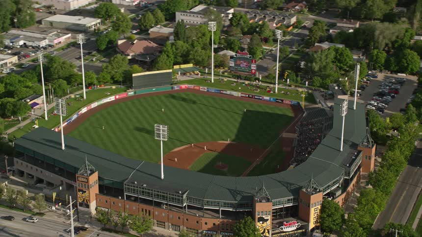 Aerial footage of Spring Mobile Ballpark in Salt Lake City Utah taken during a baseball game