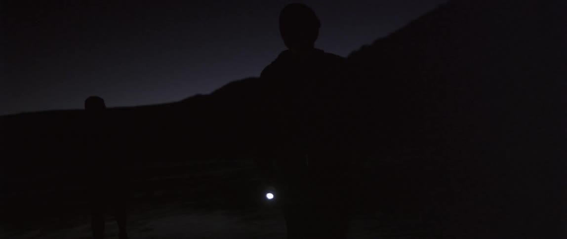 A person is walking in the dark with a flashlight