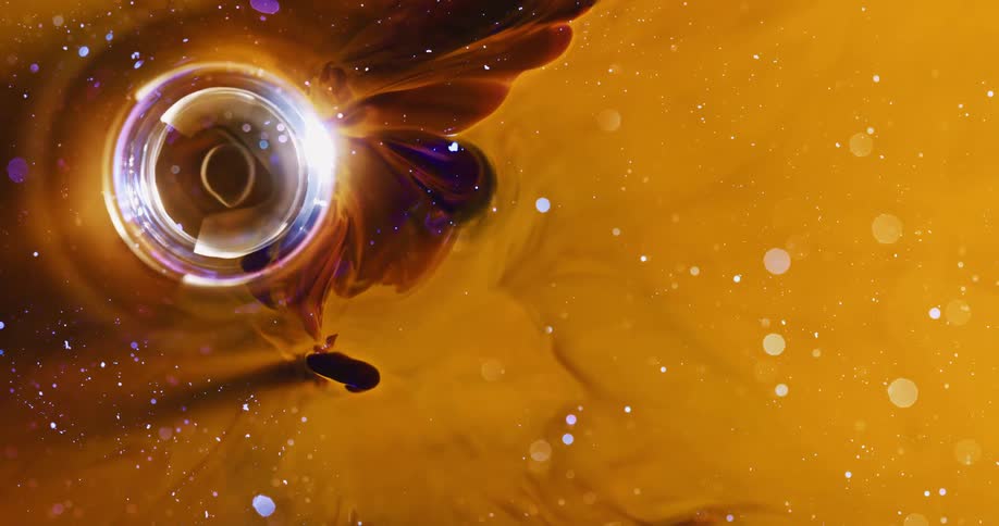 Abstract shimmering sphere beneath a yellowish liquid surrounded by smoothmoving bright black and purple hues