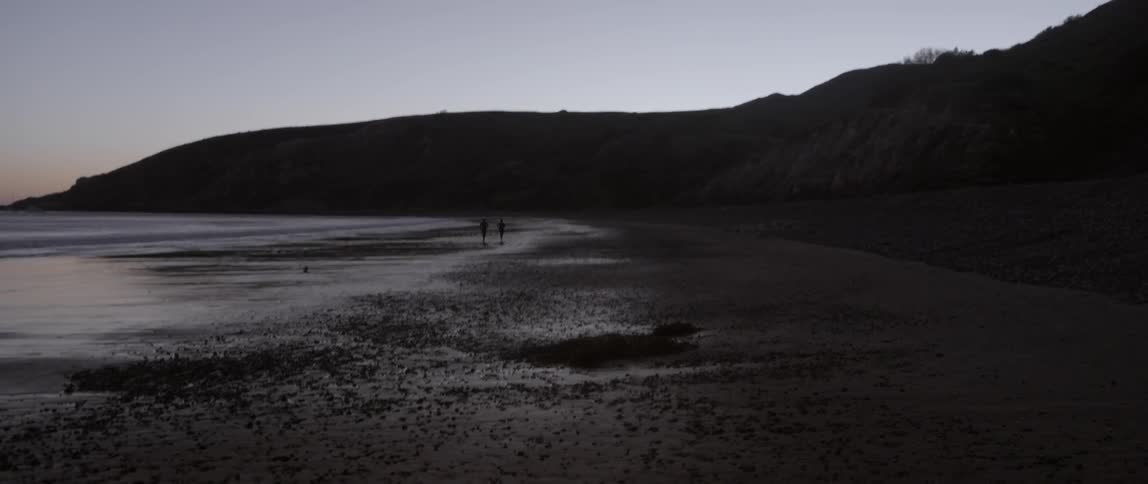 Two people jog on a beach