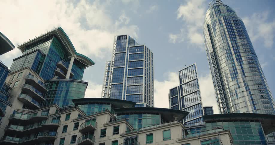 A view up at London skyscrapers and tall buildings from the ground