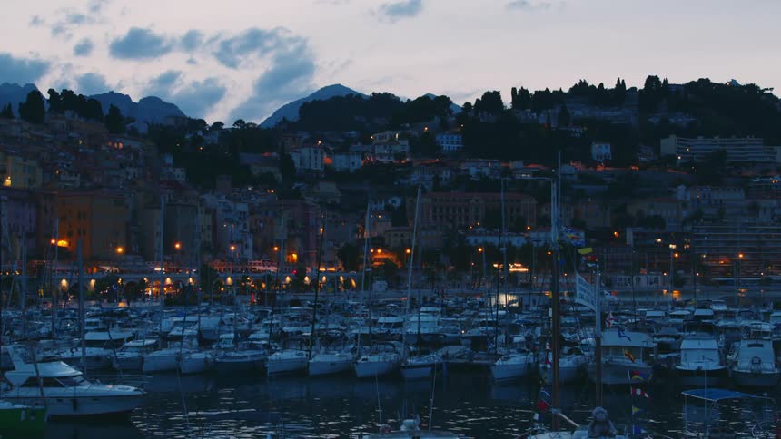Yachts docked in marinas with a small seaside town in the background