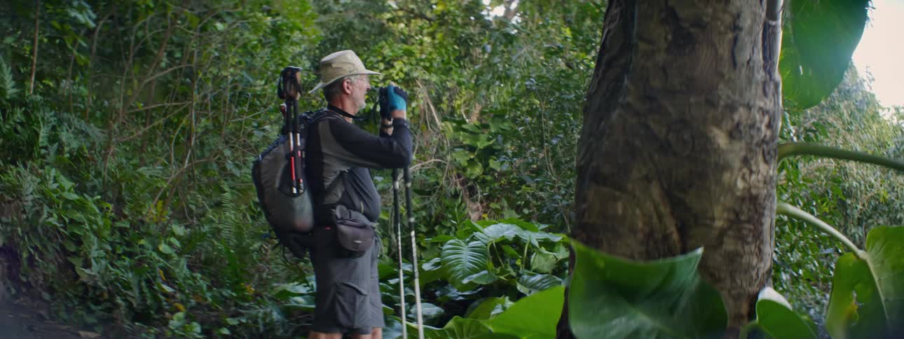 A man looks through binoculars while hiking through a forest