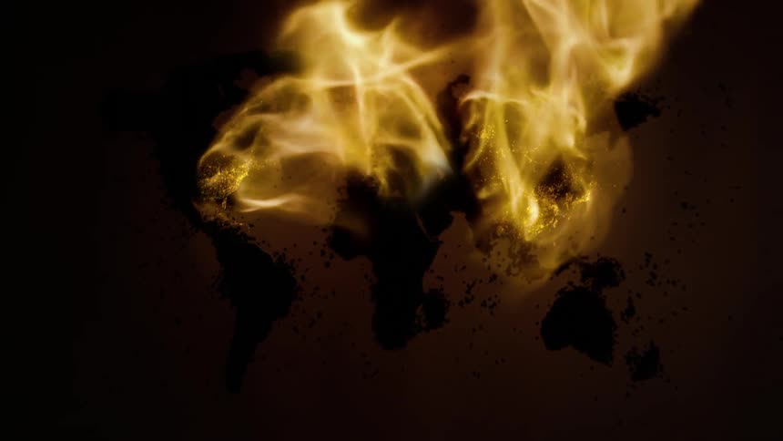 Flames engulf graphic of continents