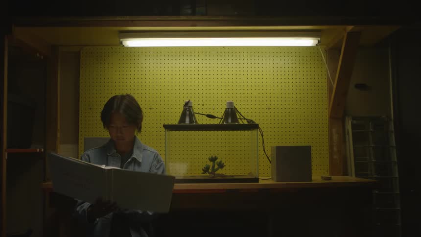 A boy is leafing through a book in a darkened room