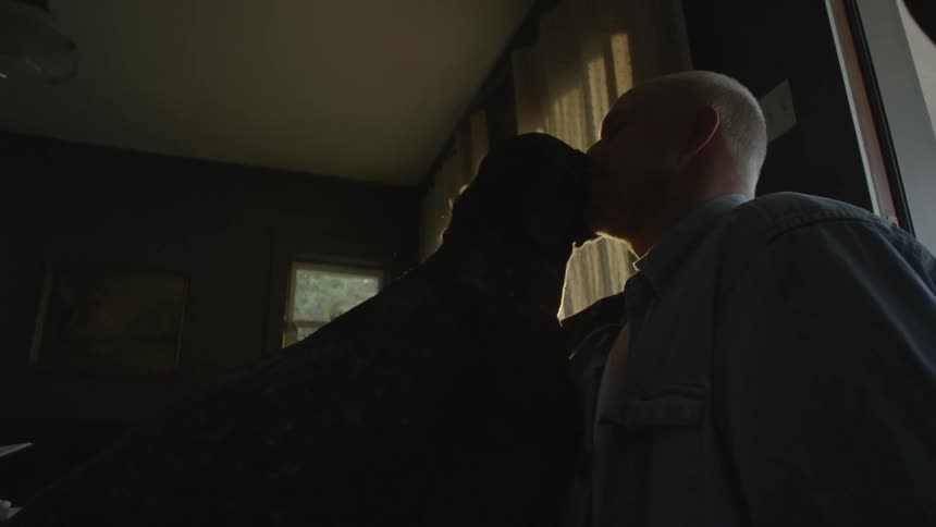 A dog cuddling with a man inside a low light room that is receiving light from the sun reflection