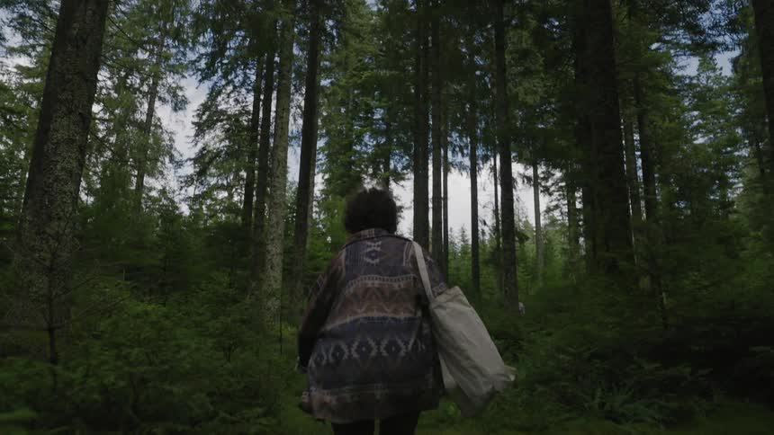 Person running in a forest seen from behind