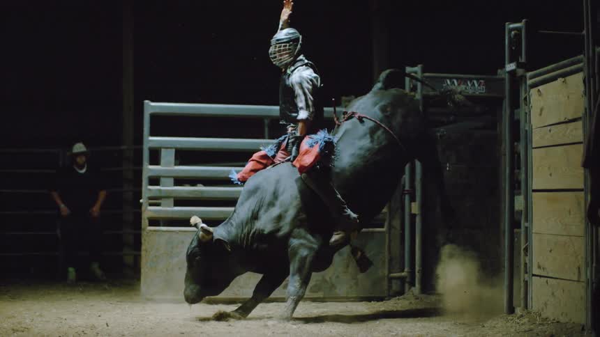 A bull rider comes out of the chute on a bucking bull