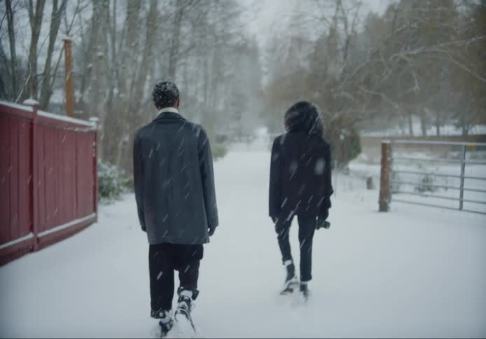Two men walking on snow seen from behind in an outdoor setting with dry trees and falling snow