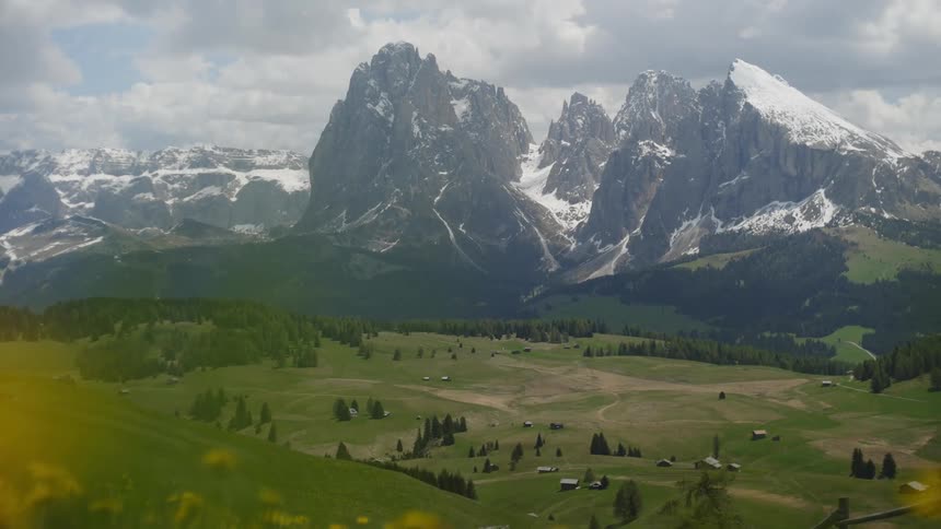 Landscape view with fields of flowers small houses and snowcovered mountains in the background