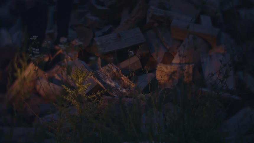 Close up of wooden logs with only a persons legs walking on them
