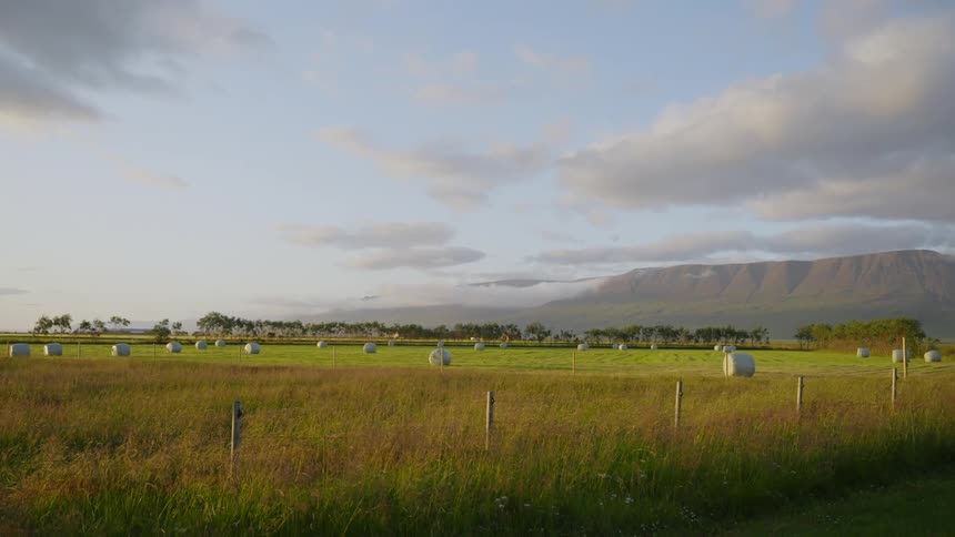 A huge grassy field surrounded by fences and in the background are huge mountains