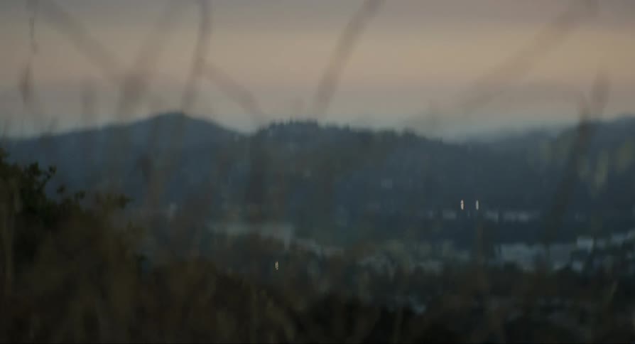 View focused on bushes amidst a mountain then gradually blurs and in the background mountains or buildings become visible