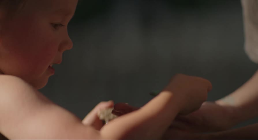 Boy holding an insect and being assisted by his mothers hands