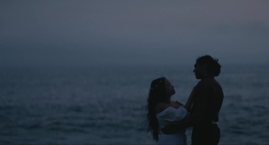 A couple in love dancing by the sea at dusk