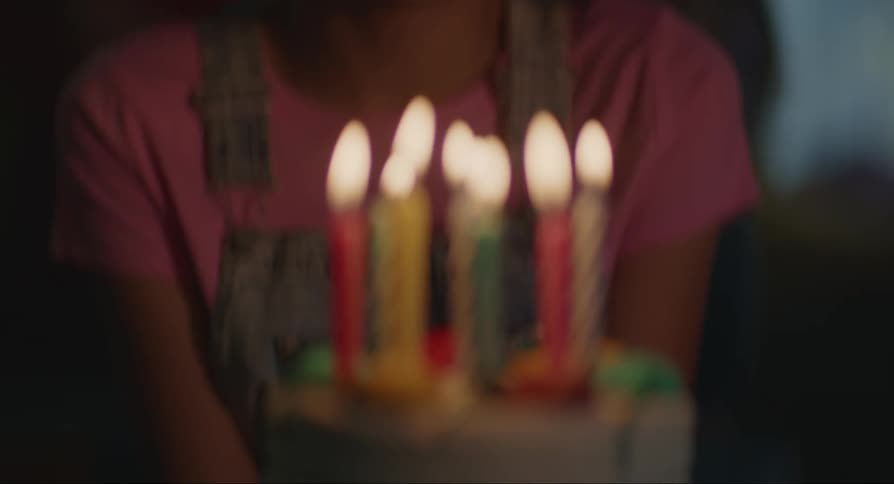 A smiling girl is presented with a birthday cake then blows the candles