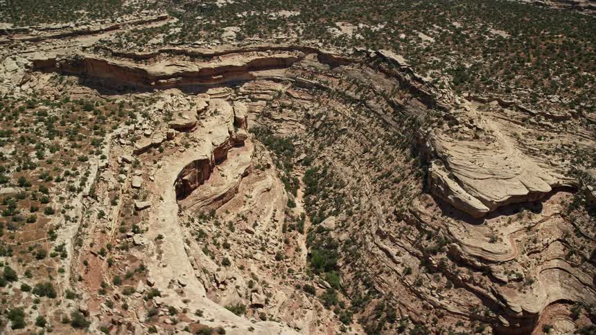 Aerial footage of an arid desert canyon and mesa in Cedar Mesa Utah featuring paths and abundant sunshine during a spring/summer day