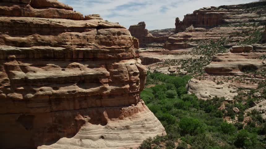  aerial footage flying low through Grand Gulch in the arid desert of Utah showcasing the breathtaking canyon slopes and vibrant plants in the spring/summer sunshine