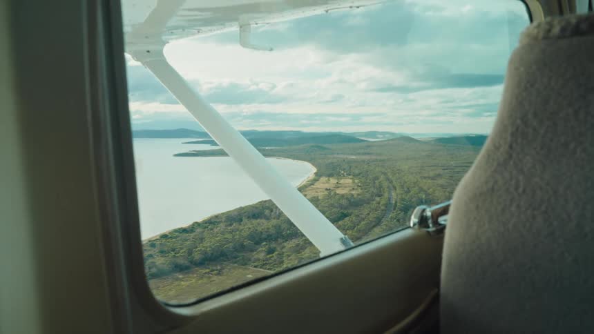 Plane flies over forest near the coast