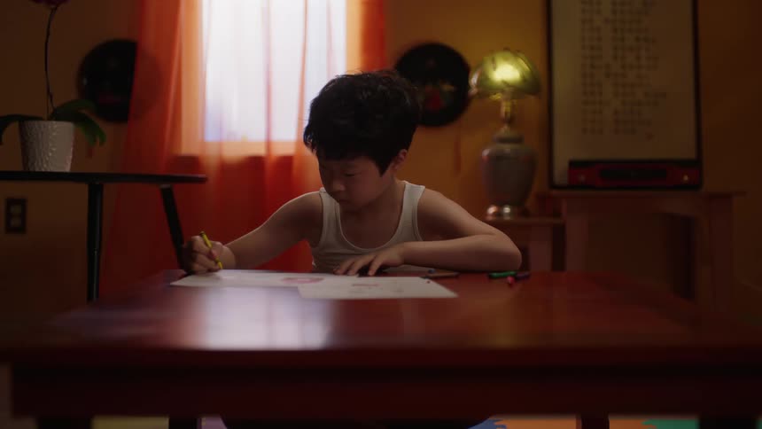 Boy works on homework while sitting at table in home