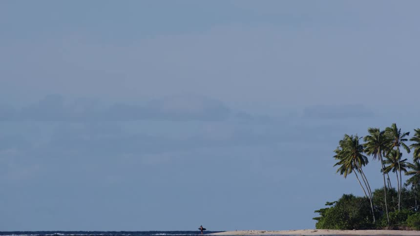 Man stands on the coast of a tropical beach with a surfboard