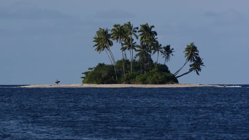 A surfer on a small tropical island heads toward a calm sea