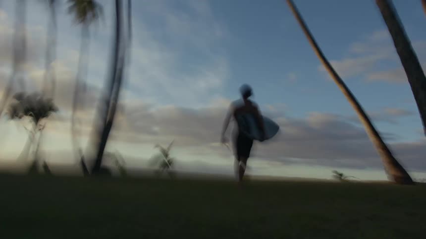 A man is walking passed palm trees while holding a surf board