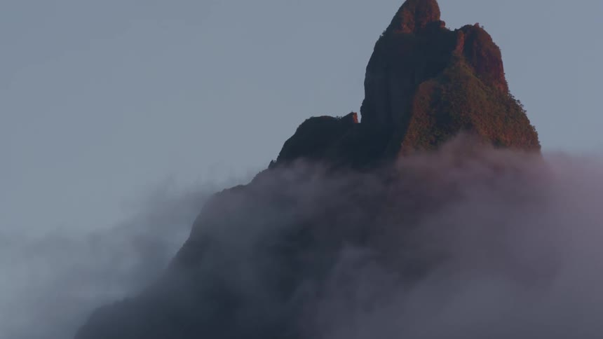 A mountains covered in fog on the ground surrounded by trees