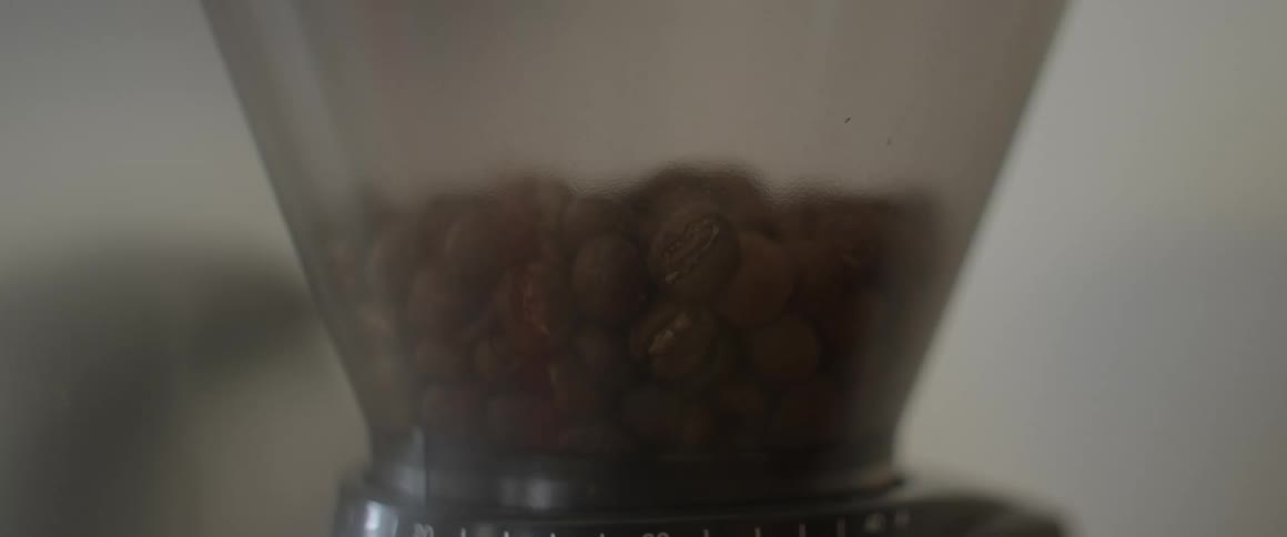Close up of coffee beans in a grinder moving and shaking around