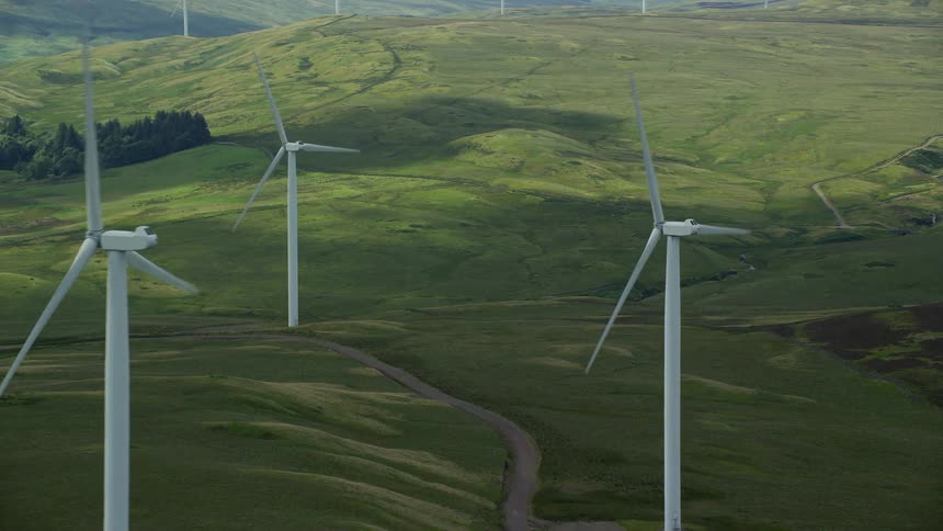 Wind turbines on grassy plains