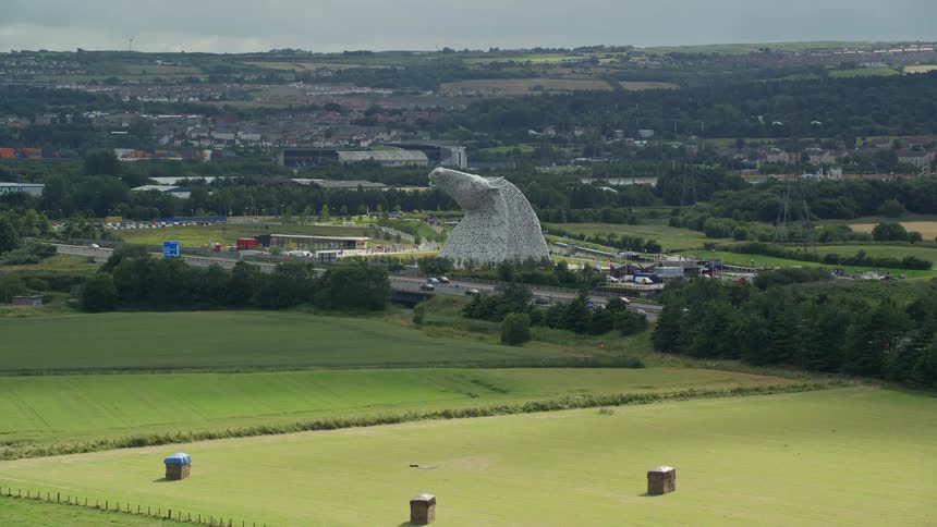 Aerial view of the kelpies horse head sculptures