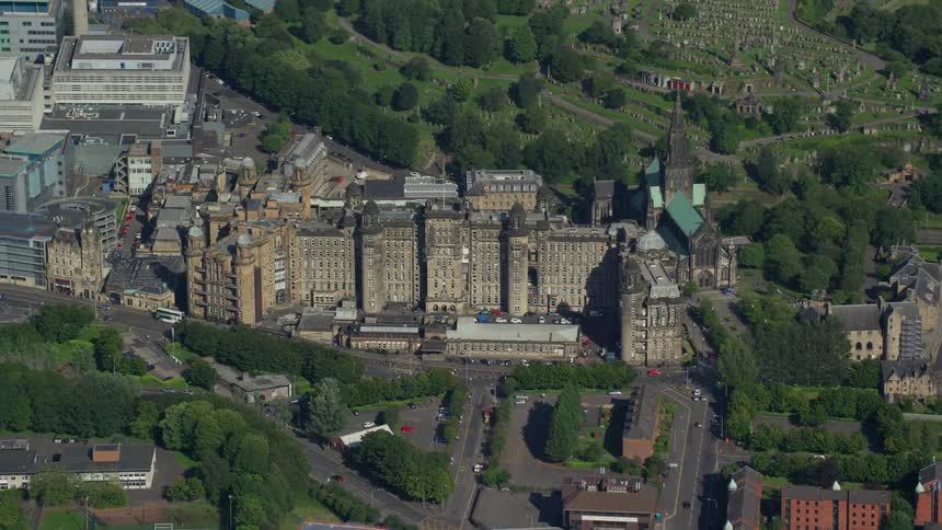 Aerial view of a church and a metropolitan area