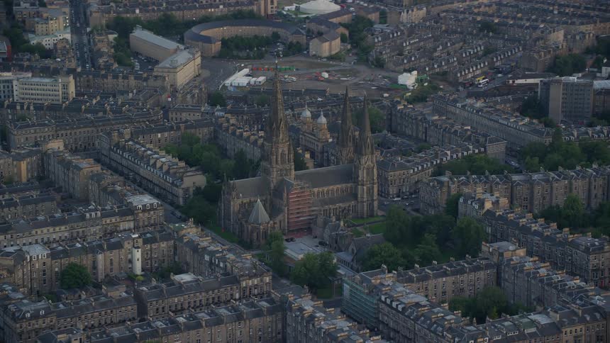 Aerial view of a church in the middle of the city