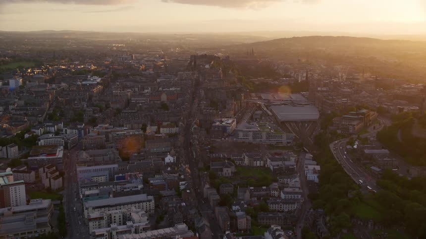 Urban city aerial at sunset