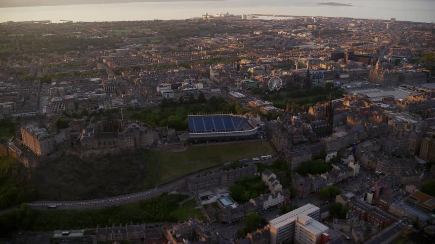 Aerial view of an urban city by the sea