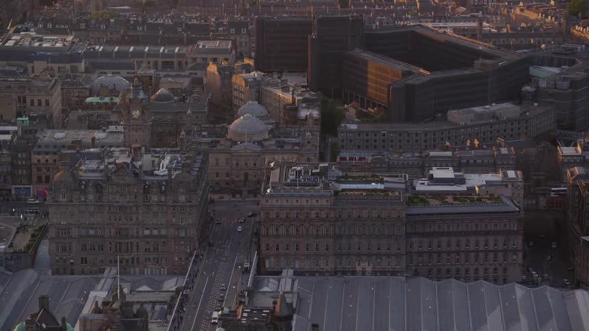 Aerial view of buildings in a european city downtown at sunset