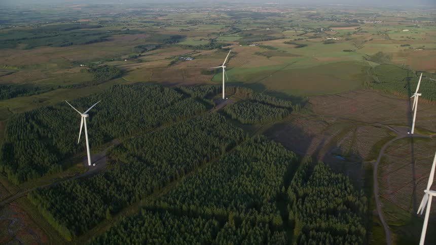 Aerial of windmills and plants at midday