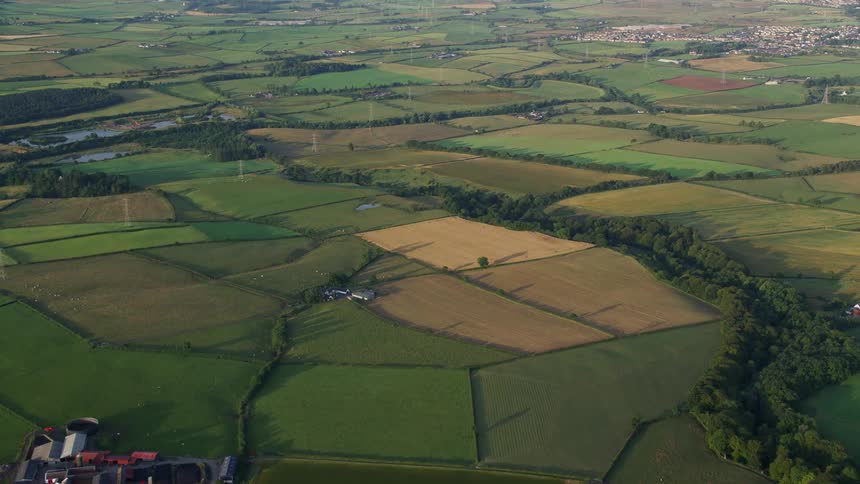 Aerial view of green pastures and fields in rural area