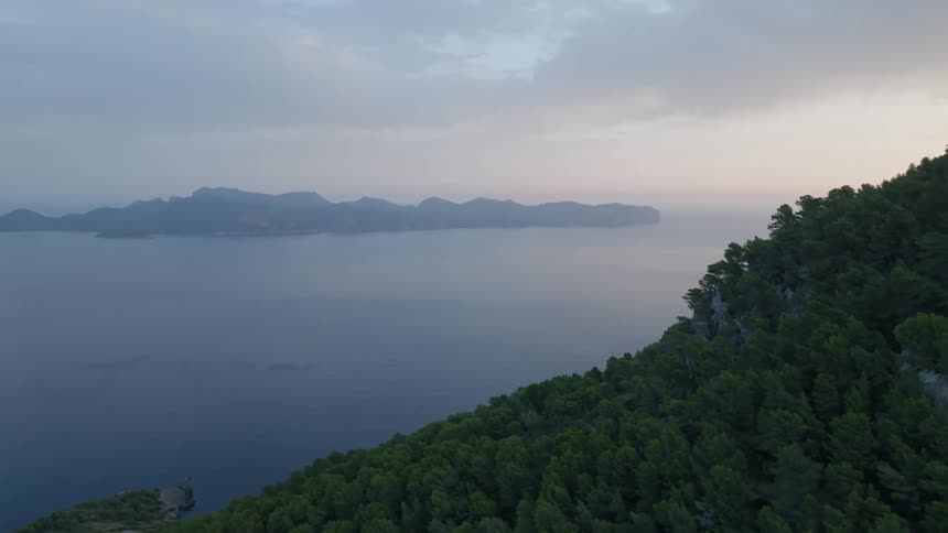 Aerial of the seacoast with mountains and forests at dawn