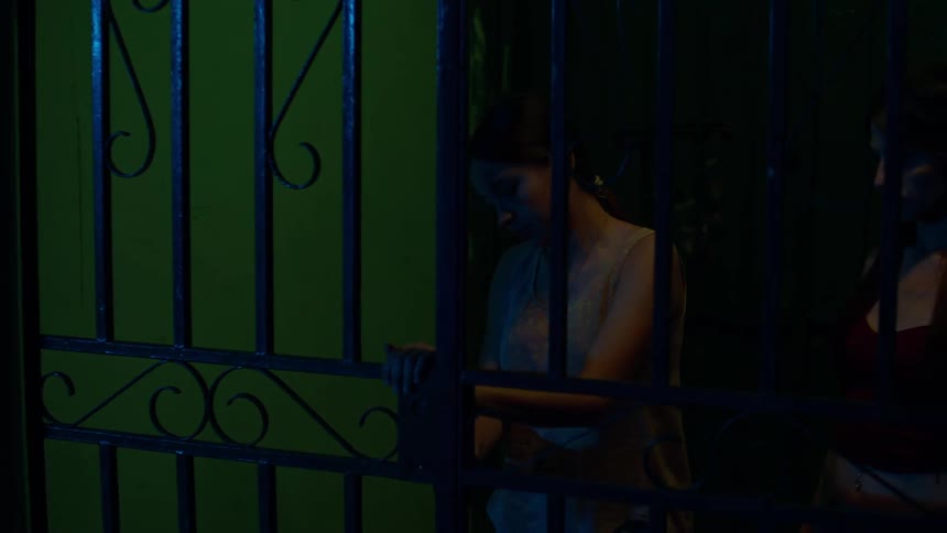 Two women leaving a house during the night