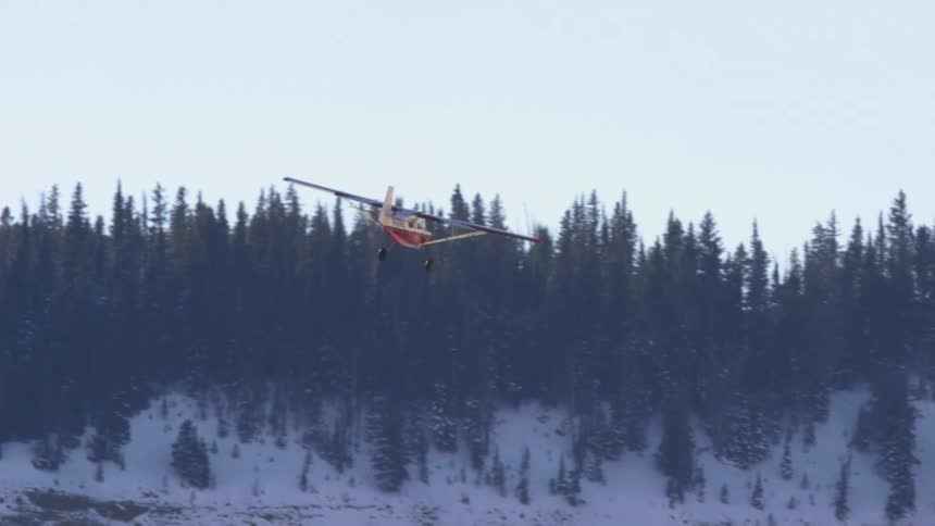 A small plane gliding in a snowy forest environment