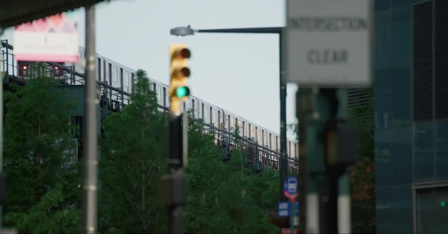 A train passes by the building